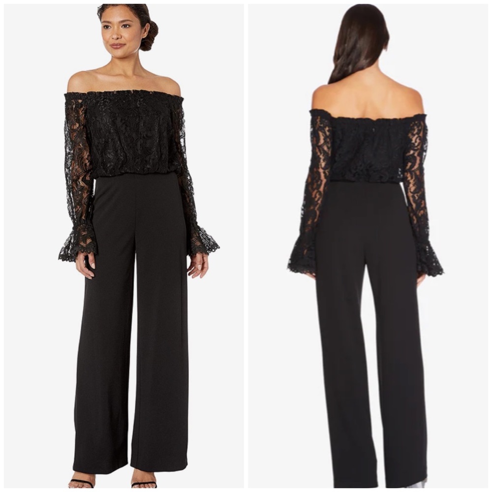 ADRIANNA PAPELL OFF SHOULDER CREPE JUMPSUIT LACE BODICE Size 4